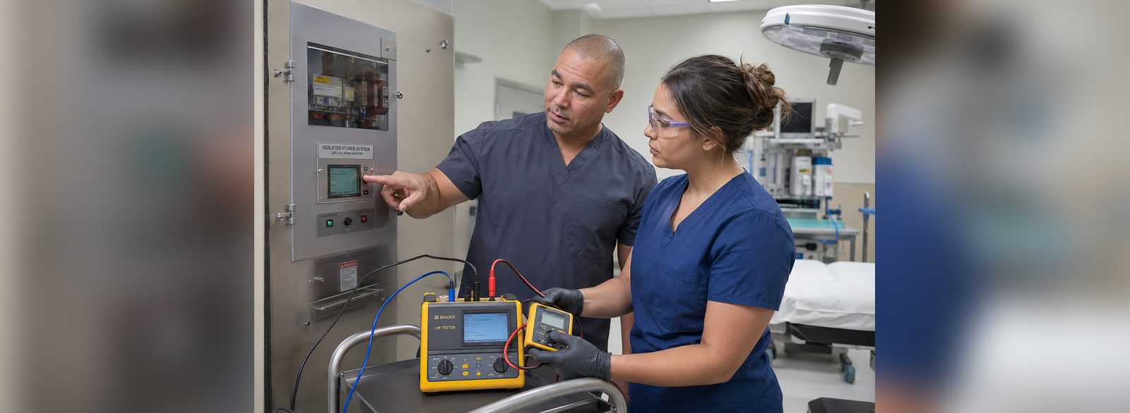 Line isolation monitor tester used in a hands-on training session on isolated power verification